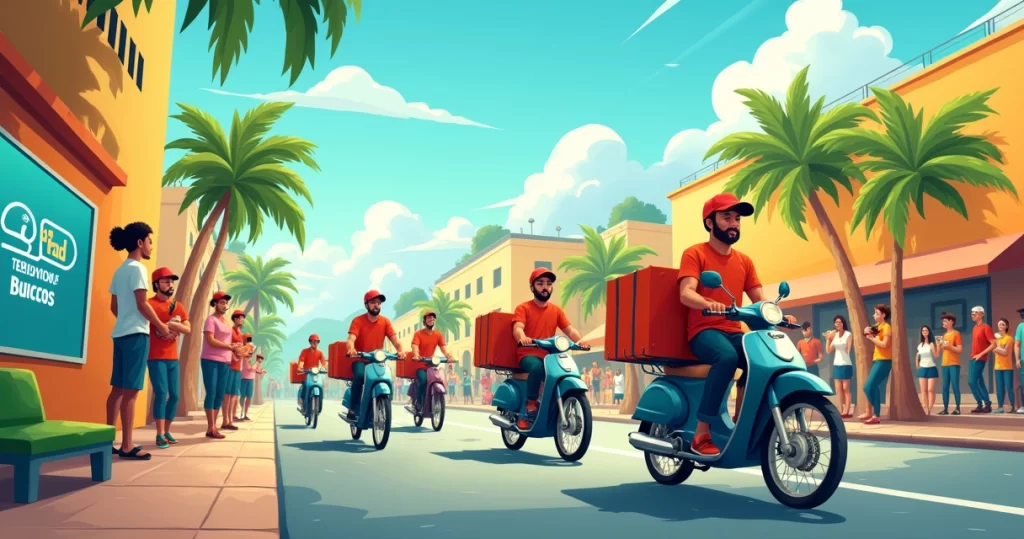 Ilustração de cena vibrante de entrega de comida no Brasil, com entregadores diverso e cidade ao fundo.