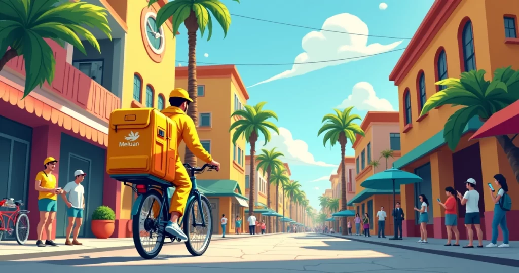 Rua movimentada no Brasil com entregador de bicicleta da Meituan entregando comida. Logotipo visible.