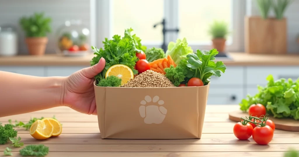 Mão segurando embalagem sustentável com comida saudável para delivery, sobre mesa de madeira clara com ingredientes frescos ao fundo