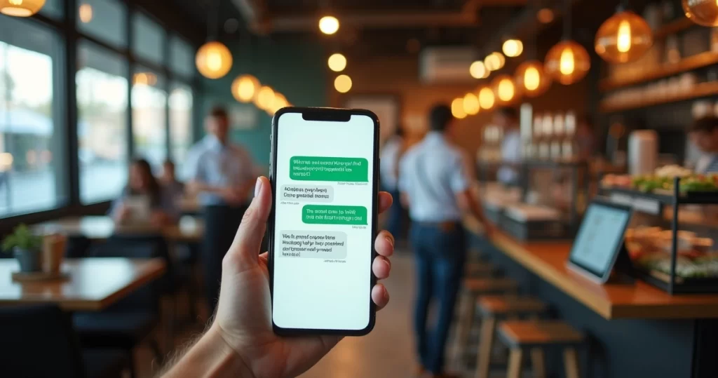 Celular exibindo chat automatizado no WhatsApp em ambiente de restaurante moderno com equipe trabalhando ao fundo