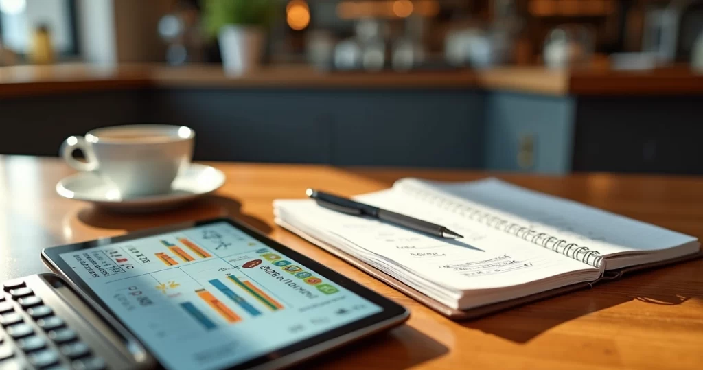 Mesa com calculadora, caderno de anotações e cardápio digital mostrando valores de faturamento