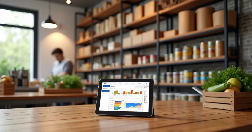 Mesa com prateleiras organizadas com caixas e alimentos embalados, ao lado um tablet mostrando sistema de controle de estoque digital