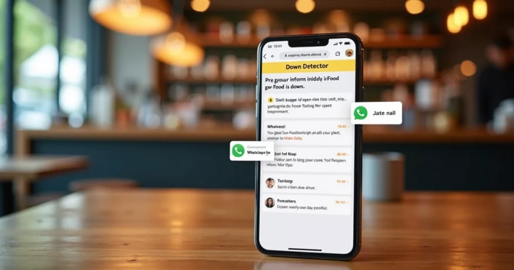 Tela de smartphone mostrando site Down Detector com status do iFood fora do ar e mensagens de notificação de WhatsApp e redes sociais ao redor