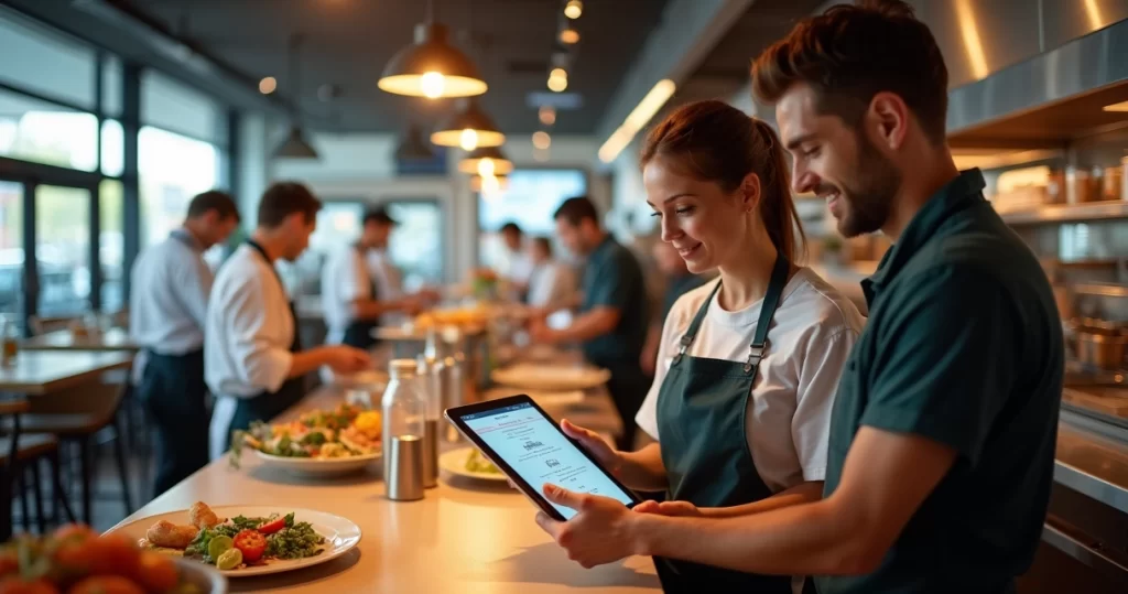 Restaurante com equipe usando sistema digital no tablet durante operação cotidiana