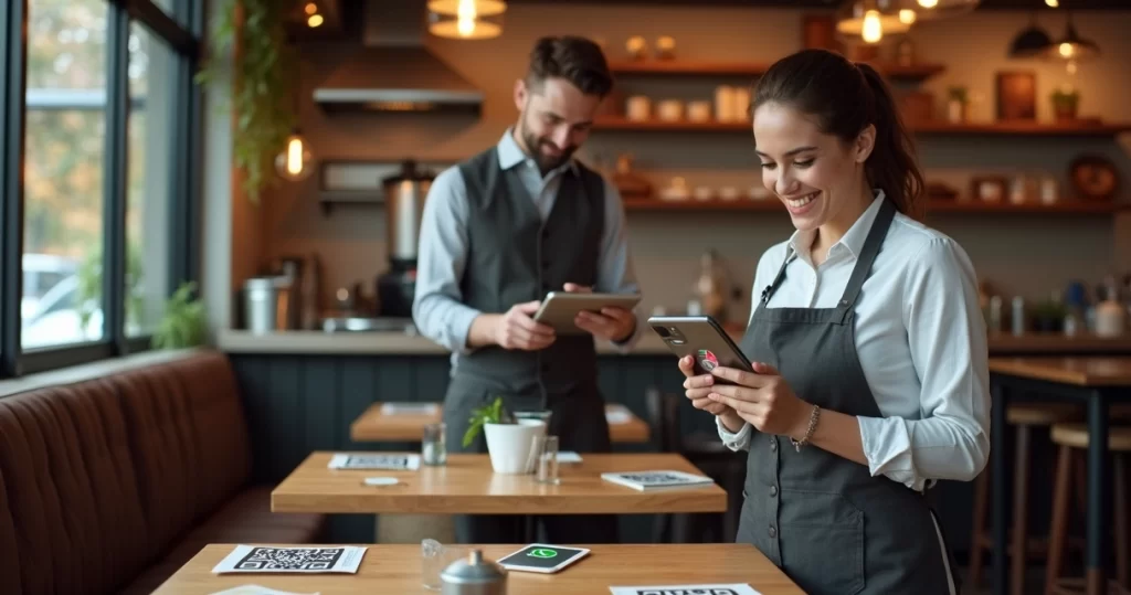 Pequeno restaurante moderno com equipe usando cardápio digital e robô de atendimento no celular