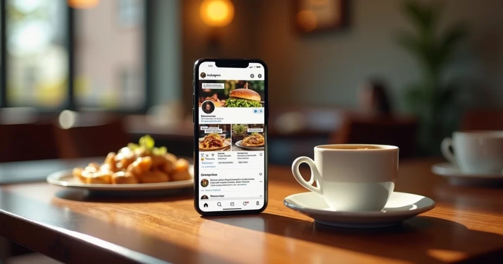 Mesa de restaurante com celular mostrando perfil de entrega no Instagram e WhatsApp aberto para mensagem