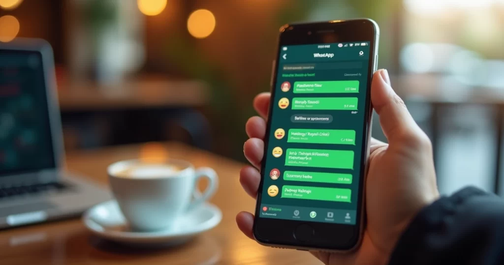 Pessoa segurando um celular com tela do WhatsApp mostrando conversa ativa com emojis de alerta e mensagens não respondidas