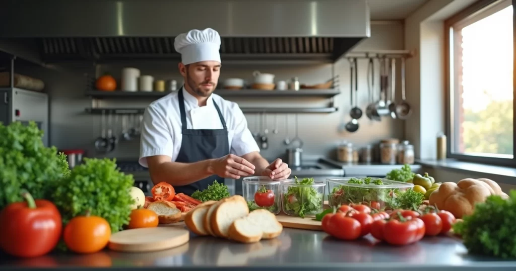 Chef organizando alimentos reaproveitáveis em cozinha profissional para reduzir desperdício