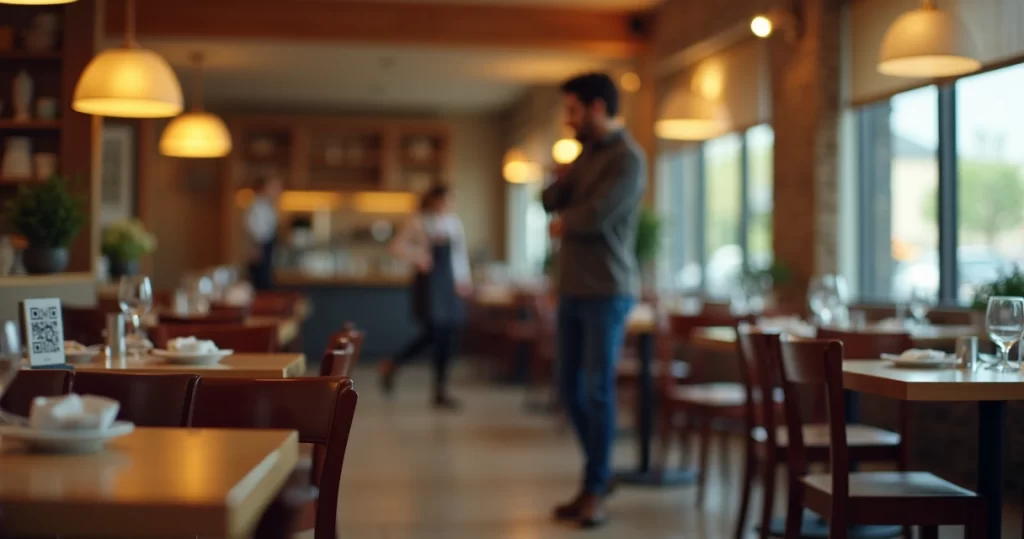 Cliente saindo apressado de restaurante vazio com relógio indicando demora no atendimento