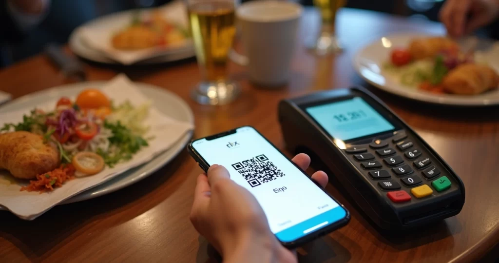 Mesa de restaurante com um celular mostrando QR Code para pagamento via Pix e uma maquininha de cartão ao lado