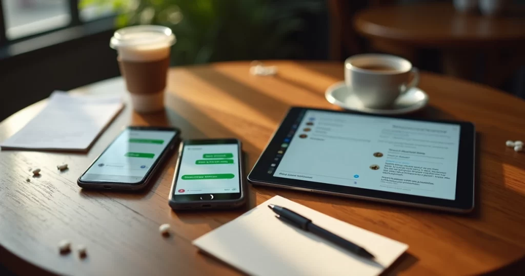 Mesa com três dispositivos mostrando mensagens de SMS, WhatsApp e e-mail lado a lado
