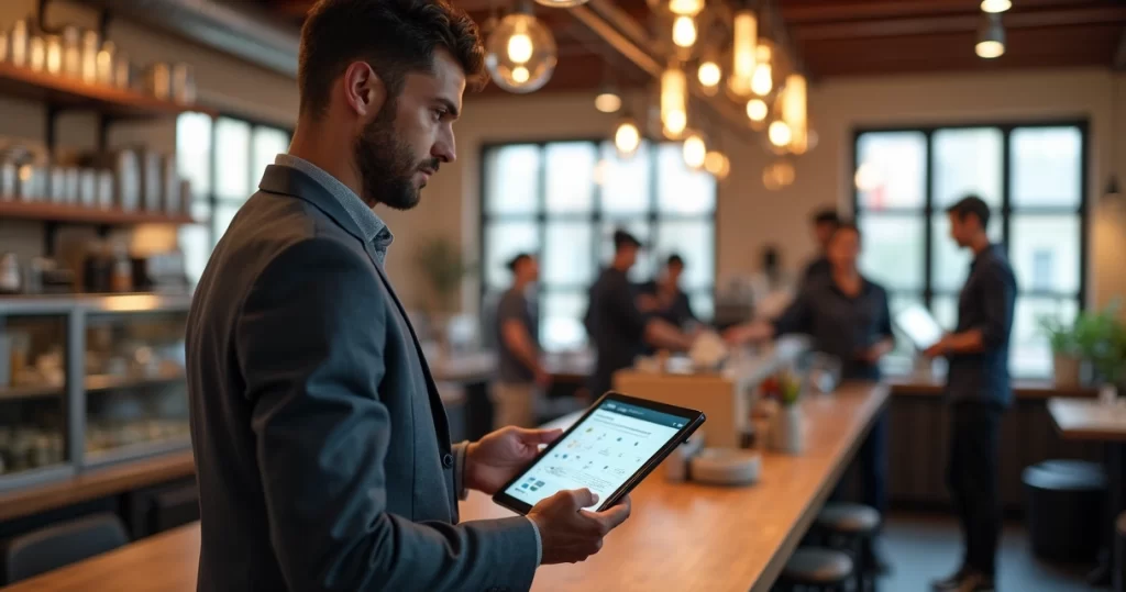 Empresário em restaurante usando tablet para gerenciar tecnologia com equipe ao fundo