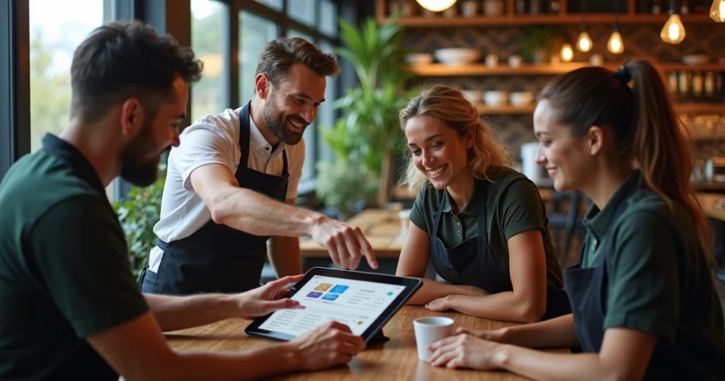 Equipe de restaurante recebendo treinamento em sistema digital intuitivo, com tablet e sorriso