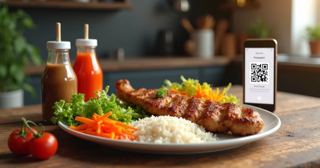 Prato de comida colorido para delivery com legume, arroz e carne em mesa rústica