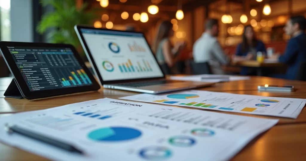Mesa de restaurante com gráficos, planilhas e dispositivos digitais mostrando indicadores de desempenho