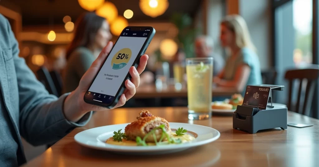 Cliente fazendo pagamento digital em restaurante moderno com cashback ativo na tela do celular