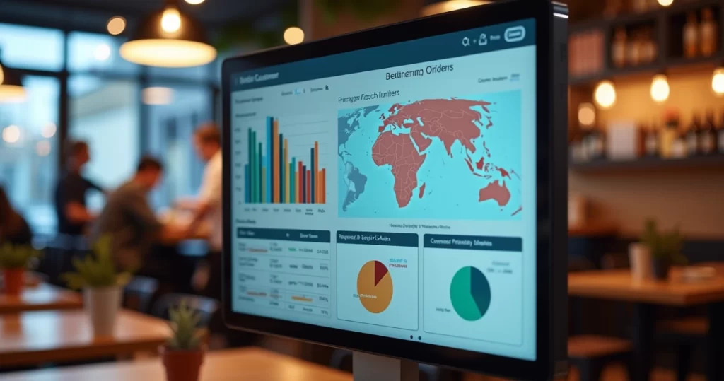 Restaurante moderno com tela digital mostrando sistema de CRM com gráficos e informações de clientes