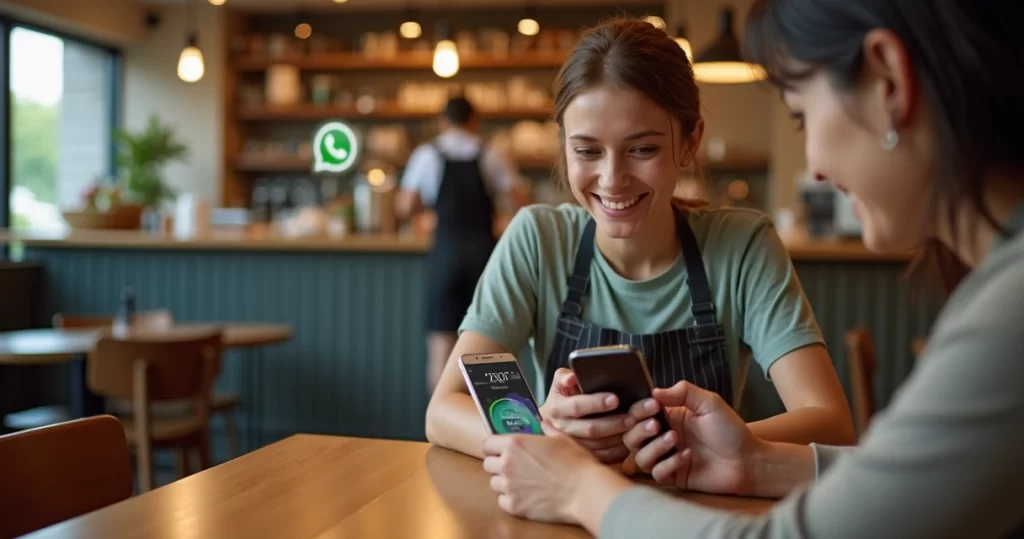 Mesa de restaurante com cliente utilizando celular para responder pesquisa automática de satisfação pós-venda, com garçom ao fundo e ambiente moderno