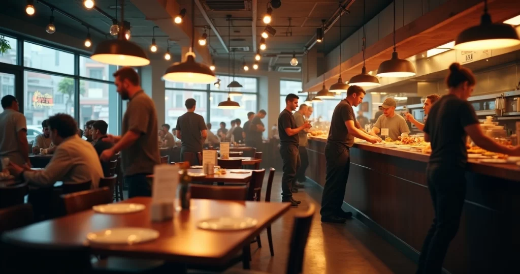 Restaurante movimentado com equipe confusa e clientes aguardando no salão lotado