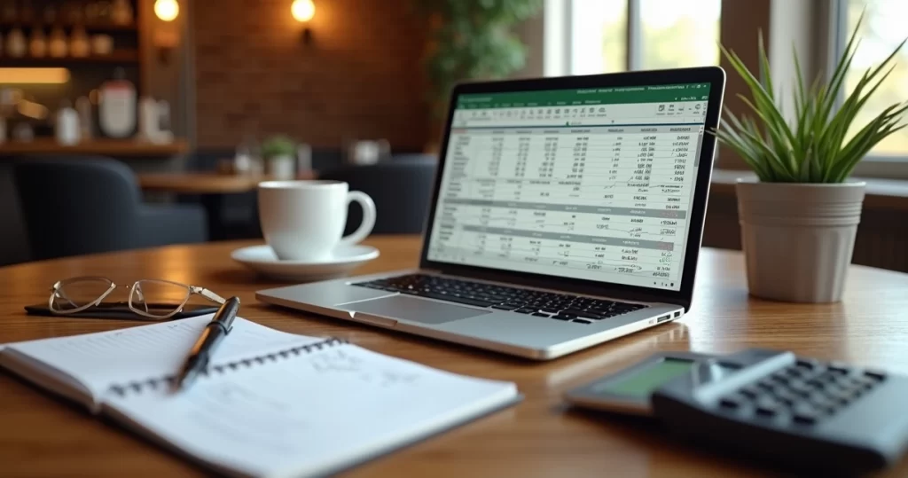 Mesa de restaurante pequeno com notebook, calculadora, caderneta e café, mostrando controle financeiro e planejamento