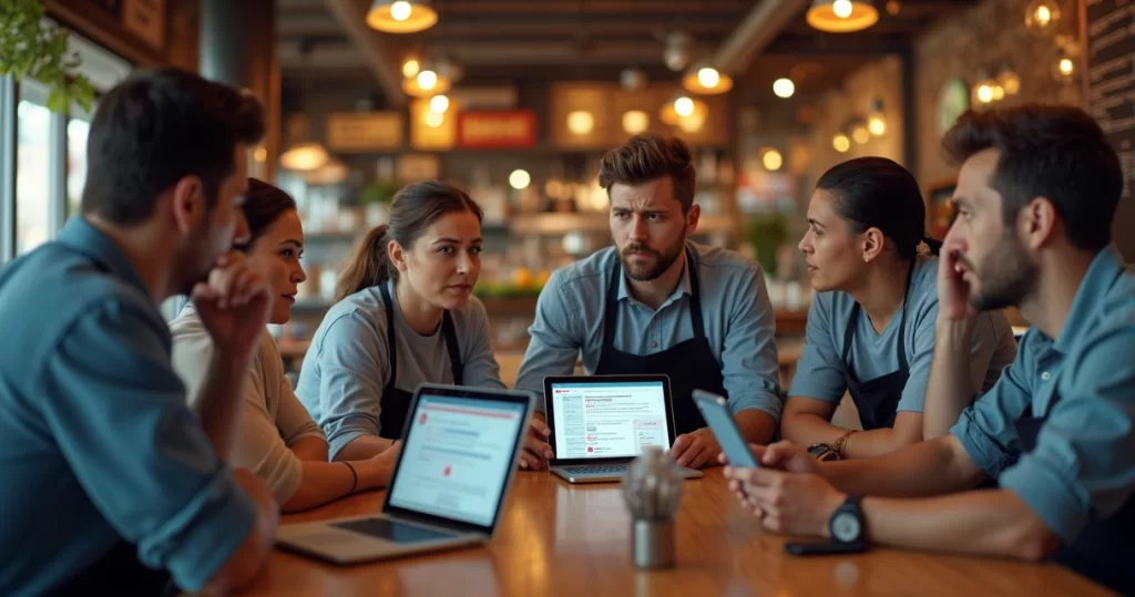 Restaurante com equipe frustrada diante de computadores e tablets mostrando sistema difícil e confuso