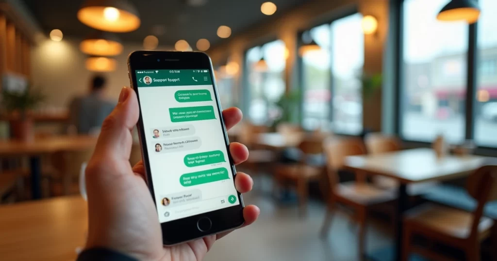 Mão segurando smartphone com conversa de suporte via WhatsApp aberta em ambiente de restaurante moderno