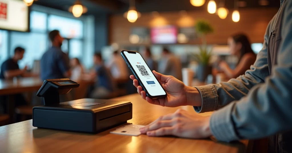 Mesa de restaurante com caixa registradora moderna, smartphone mostrando QR Code, cliente pagando com Pix no balcão