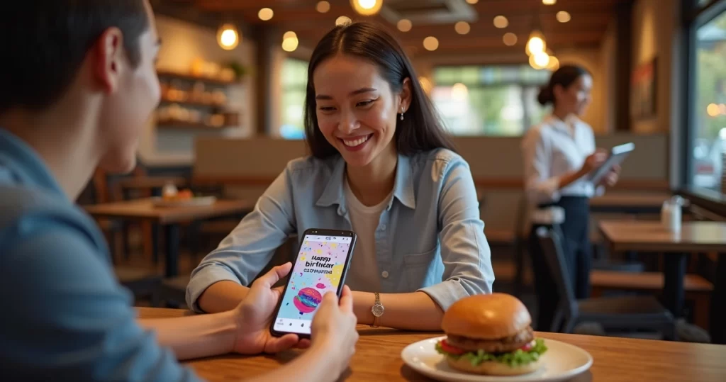 Cliente recebendo mensagem de aniversário automática no celular em restaurante