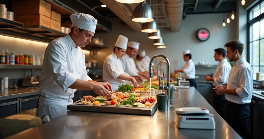 Cozinha de restaurante com equipe organizando insumos e equipamentos para reduzir desperdício e custos