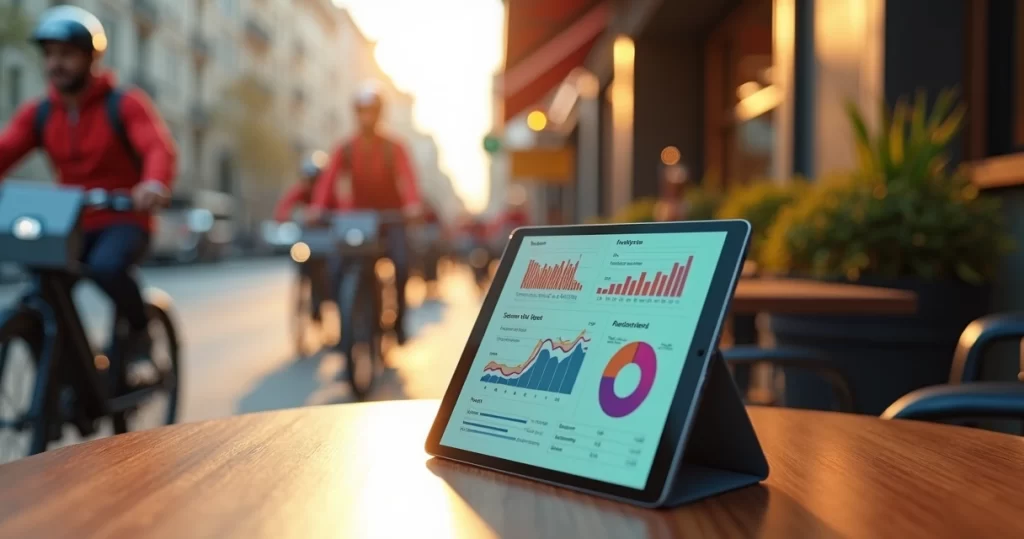 Mesa de restaurante com tablet exibindo cardápio digital, entregadores com bicicletas ao fundo e gráficos de custos operacionais na tela