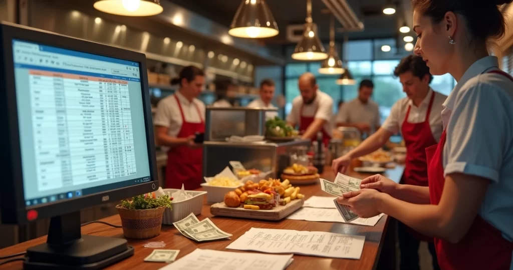 Mesa de restaurante com pedidos online desorganizados, tela de computador com sistema confuso e equipe em confusão tentando resolver os erros