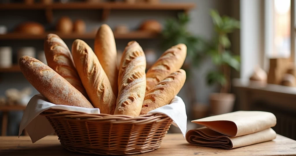 Mesa de madeira com cesta de pães variados frescos e embalagens para delivery ao lado