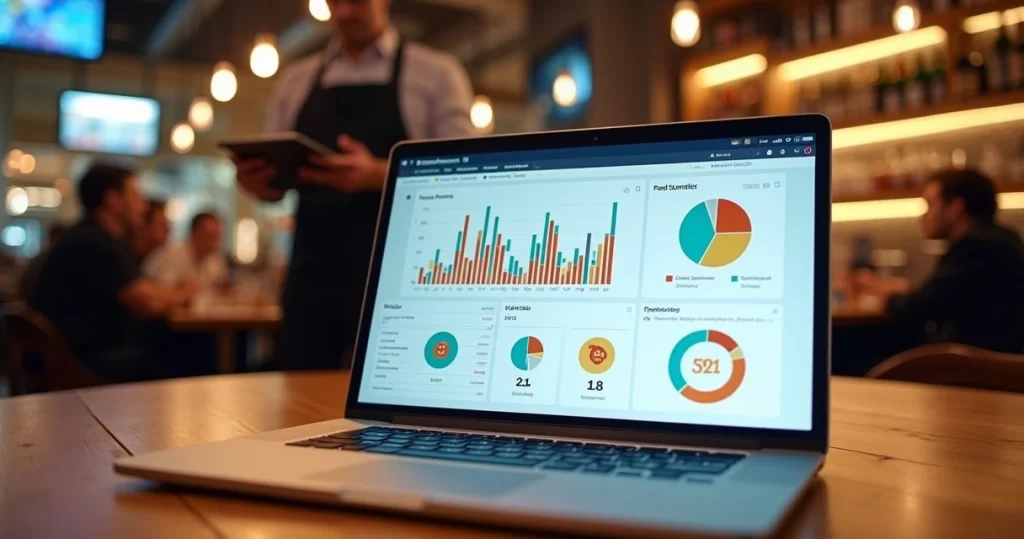Tela de computador mostrando gráficos detalhados de vendas e atendimento em restaurante moderno