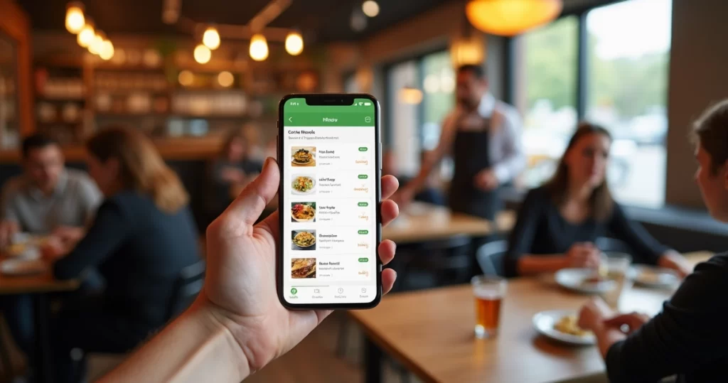 Tela simples de menu digital exibida na mão de um cliente em um restaurante moderno