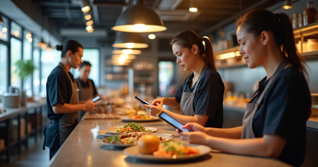 Restaurante moderno com equipe processando pedidos de delivery direto usando tablet e smartphone em ambiente iluminado e organizado