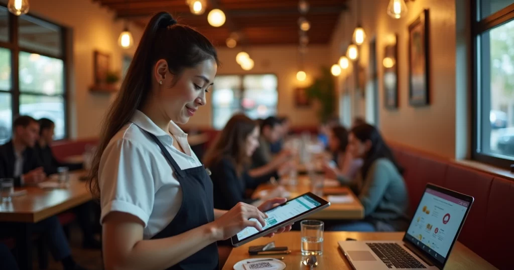 Pequeno restaurante moderno com equipe trabalhando sem interrupções durante uso de sistema digital