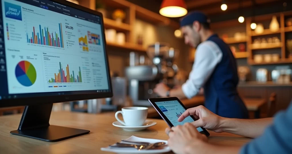 Mesa de restaurante com cardápio digital em tablet, cliente fazendo pedido e gráfico de aumento de vendas na tela de computador ao fundo